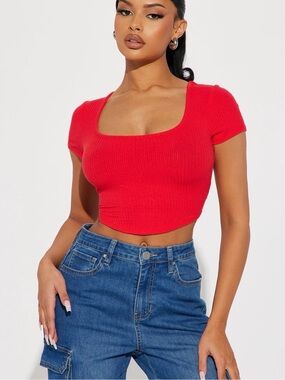 Fashion Nova Red Ribbed Square-Neck Crop Top